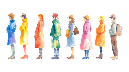Fototapeta premium Hand-painted watercolor clipart of abstract human figures in various colorful outfits