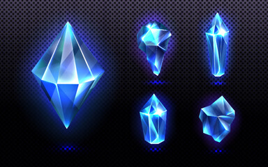 Blue crystal gem. Magic ice stone game ui vector icon. Sapphire jewel treasure isolated element. Frozen arctic chunk cluster item. 3d realistic mineral asset with light glow art for app design