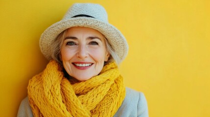 A woman wearing a yellow scarf and a white hat is smiling