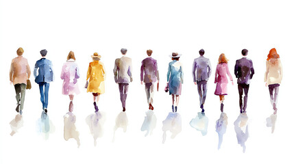 Hand-painted watercolor clipart of abstract human figures in various colorful outfits