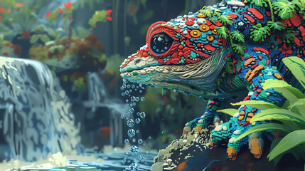 Transform the ordinary into extraordinary with pixel art depicting robotic wildlife photography Emphasize quirky camera angles from above Play with vibrant colors to create a dynamic visual narrative