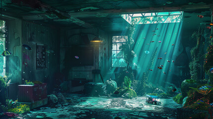 Visualize the tension and mystery of a psychological thriller unraveling in an otherworldly underwater realm, showcasing a digital photorealistic scene with a mix of vibrant colors and deep shadows