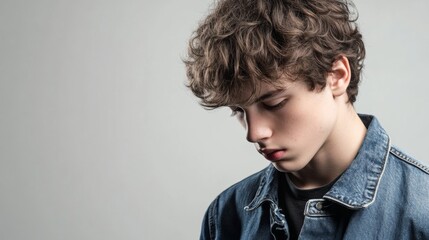 A young man with brown hair and a blue jacket is looking at the camera