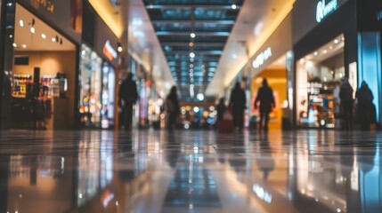 A banner mockup stands tall in a bustling shopping mall filled with people and stores