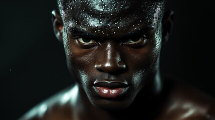 A man with a sweaty face and a serious expression