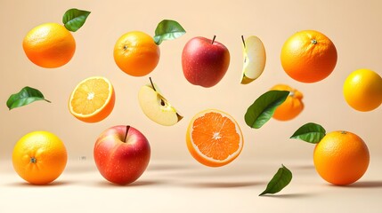 A set of falling apples and oranges with realistic shadows and vibrant natural colors