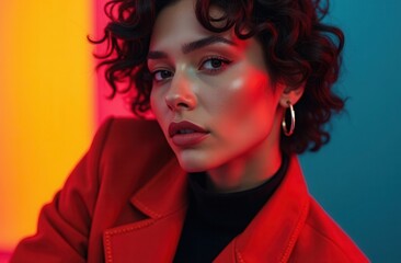 Fototapeta premium A woman with curly hair wearing a red blazer poses confidently against a vibrant, colorful background in a creative studio
