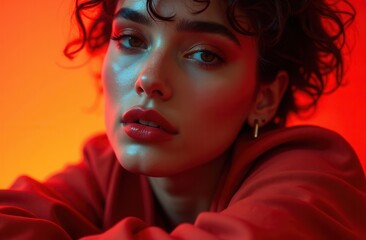 Fototapeta premium A young woman with curly hair poses dramatically against a vibrant orange backdrop in a studio setting during nighttime