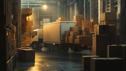 Naklejka premium Warehouse Truck Loaded with Cardboard Boxes