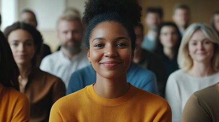 Obraz premium Happy Young Woman Smiling in Conference Setting