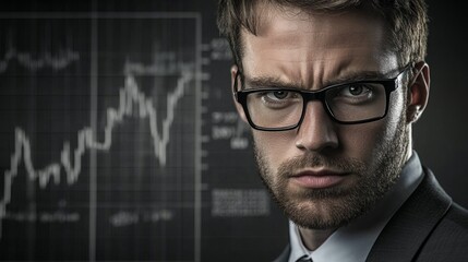 A man with glasses is staring at a graph