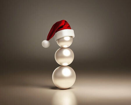 3d render of a snowman made of three white pearls  wearing a Santa hat on a plain background. Minimal Christmas and New year wallpaper with copy space