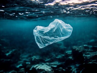 A single plastic bag floats in the blue ocean water, highlighting the problem of plastic pollution in our oceans.
