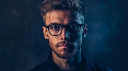 Fototapeta premium A man with glasses is standing in front of a dark background