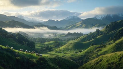 Obraz premium A flock of sheep graze on a lush green hillside in a picturesque valley with fog, mountains and a blue sky.