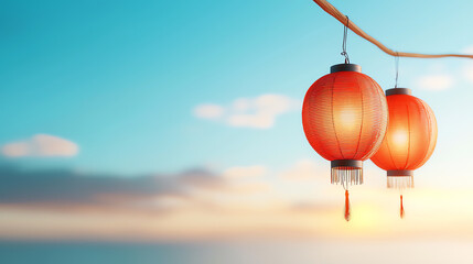 Obraz premium Vibrant red lanterns illuminating the sky at sunset a captivating evening scene of tranquility and culture