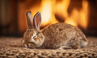 A small brown rabbit sleeps peacefully in front of a warm fireplace.