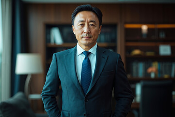Fototapeta premium A man in a suit and tie standing in a room with a bookshelf