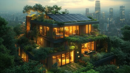 Modern eco-friendly house surrounded by greenery in an urban setting.