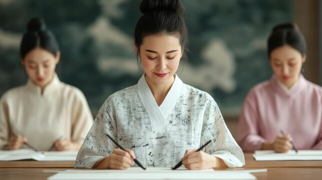 A group of travelers deeply engaged in learning the ancient art of traditional Chinese calligraphy in a serene and immersive workshop setting honing their skills and embracing the cultural heritage