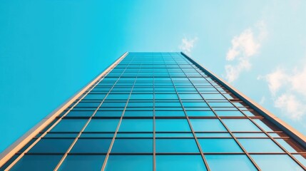 Striking futuristic office building with a sleek reflective glass facade and sharp angular design set against a deep blue sky with wispy clouds  The modern