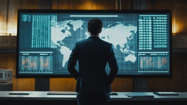 A man in a suit stands in front of a large computer monitor