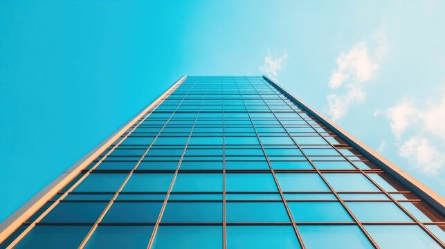 Striking futuristic office building with a sleek reflective glass facade and sharp angular design set against a deep blue sky with wispy clouds  The modern