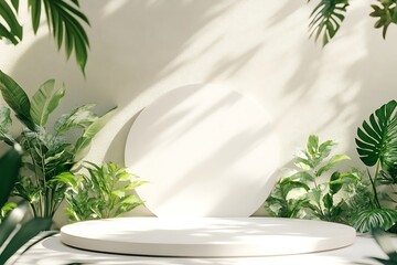 3d empty space mockup podium and leaves at nature