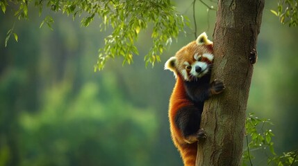 A red panda clings to a tree trunk with its paws, looking at the camera with a curious expression.