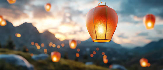 Obraz premium Floating red lanterns illuminating the sky amidst spectacular fireworks display at dusk