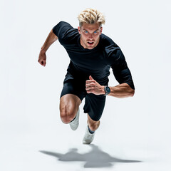 Male soccer player wearing black jersey in action pose.