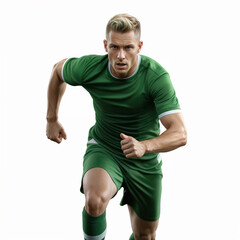 Male soccer player wearing green jersey in action pose.
