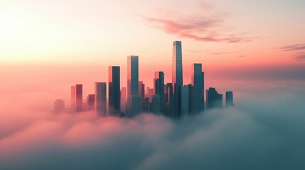 Fototapeta premium Majestic skyscrapers reaching towards the heavens their reflective surfaces blending seamlessly with the surrounding cloud shrouded atmosphere
