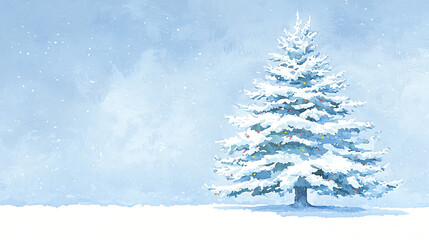 Obraz premium Clipart of a snow-covered Christmas tree, hand-painted in watercolor style, decorated with colorful lights, set in a dreamy winter night scene with falling snow, isolated