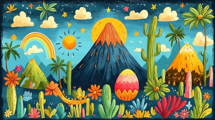 A vibrant landscape featuring mountains, cacti, a rainbow, and decorative eggs.