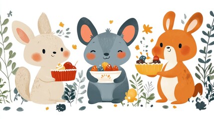 Naklejka premium Three Cartoon Animals Holding Desserts in a Floral Setting