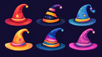 Halloween witch hat designs with colorful bands and stars