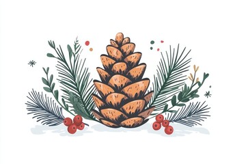 Fototapeta premium Festive Holiday Pinecone and Berries 2D Illustration on White Background - Classic Winter Decor with Green Needles