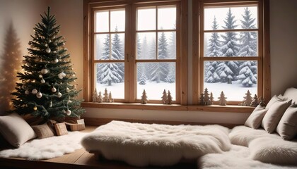 Fototapeta premium A cozy living room with a Christmas tree by large windows overlooking a snowy outdoor scene, a white sofa, and a wooden coffee table with holiday decor