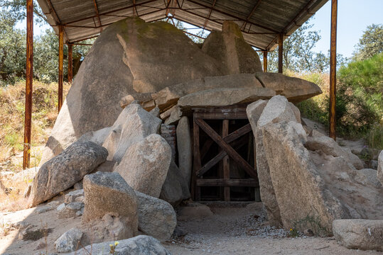 Iconic stone age site Anta Grande do Zambujeiro near Evora, the largest megalithic site of Portugal
