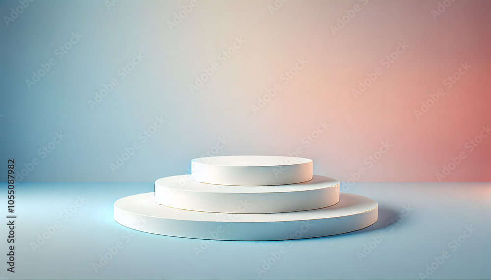 Poster A minimalist display featuring three stacked circular platforms on a gradient background, ideal for showcasing products or presentations.