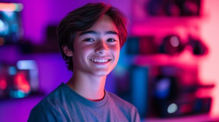 Fototapeta premium A young man is smiling in front of a wall of video game equipment