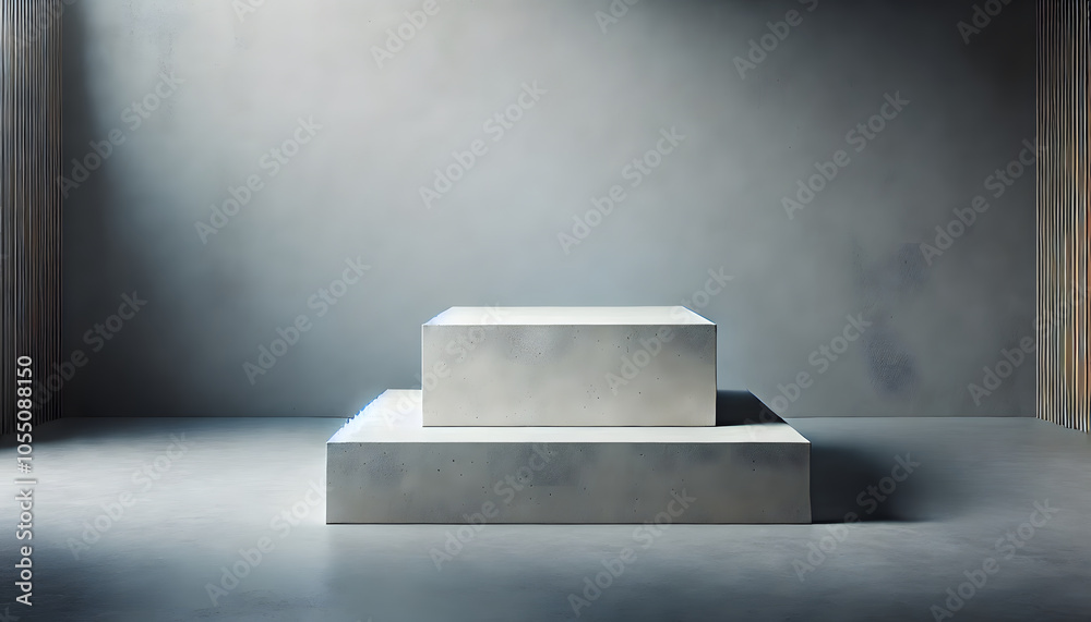 Poster a minimalist space featuring two rectangular stone-like structures on a polished floor against a pla