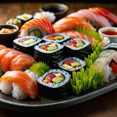 A beautiful assortment of sushi on a plate, featuring colorful rolls filled with fresh fish, vegetables, and avocado, elegantly arranged with soy sauce