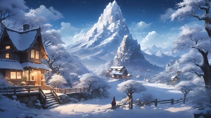 Ski resort in the mountains blanketed in winter snow