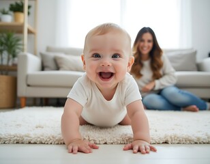A smiling baby crawling on carpet in the living room with cheerful mother in the background