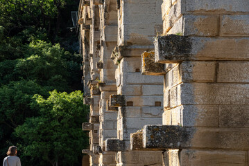 Architectural detail of the facade famous Roman aqueduct Pont du Gard in France