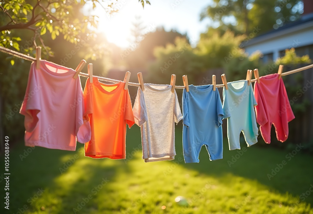 Wall mural clothes drying on a clothesline in a backyard on sunshine day