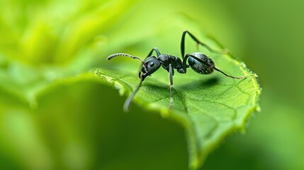 Naklejka premium Black Ant on Green Leaf