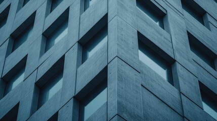 Captivating close up view of the angular geometric facade of a modern high rise building with reflective glass and metal surfaces creating a dramatic minimalist composition with a deep depth of field